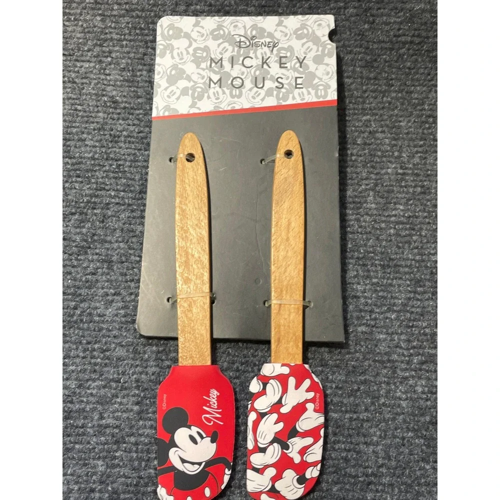 Disney Mickey Mouse 2 Piece Silicone Spatula Set Red Wood Handles New